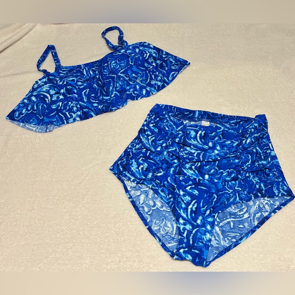 New Blue Ruffle High Waisted Soft Comfortable Tankini Size -3X